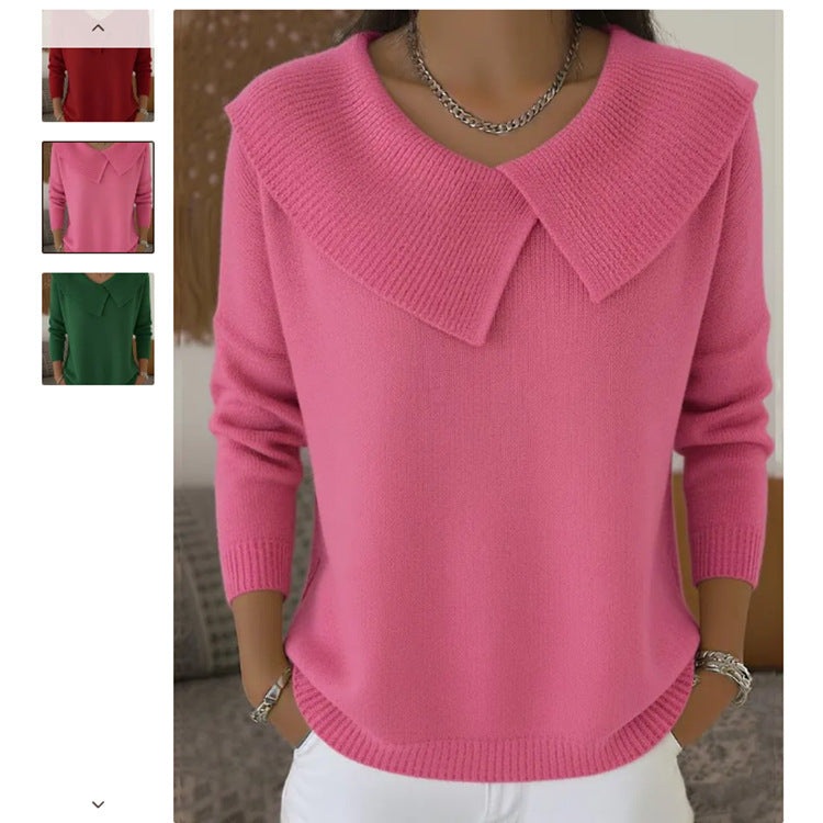 Women's Solid Color Casual V-neck Long Sleeved Sweater