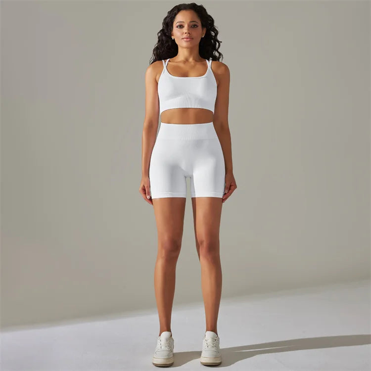 High Waist Workout Butt Lifting Shorts Set Sports Fitness Yoga Active Wear Women Sports Bra Cross Back Beauty Back Crop Top