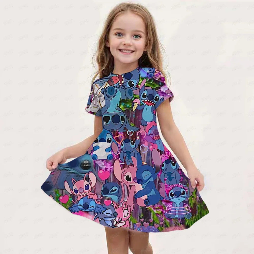 2025 Stitch Dress For Girls Children's Sleep Baby Summer Clothes StrayKids 3d Print Skirt Original Clothing Short-Sleeved Skirt