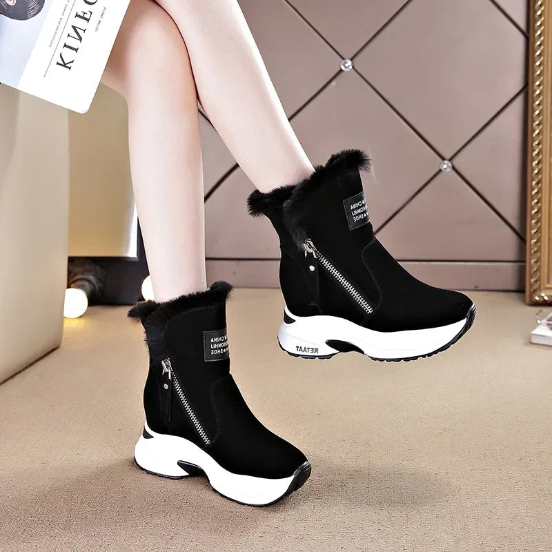 2025 New Women Snow Boots Genuine Leather Suede Natural Fur 8.5cm Platform Wedge Zipper Women Winter Shoes Warm Ankle Booties