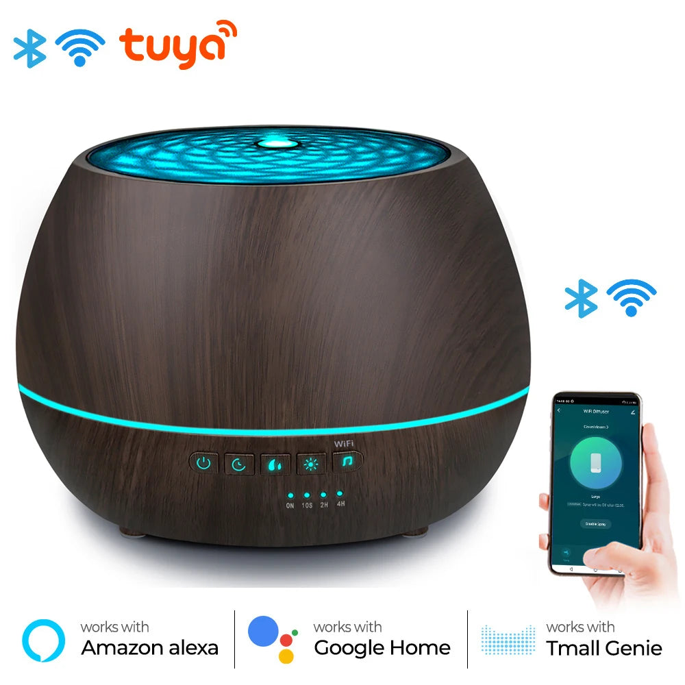 Tuya WiFi Smart 500ML Aromatherapy Essential Oil Diffuser Wood Grain Remote Control Ultrasonic Air Humidifier Cool With
