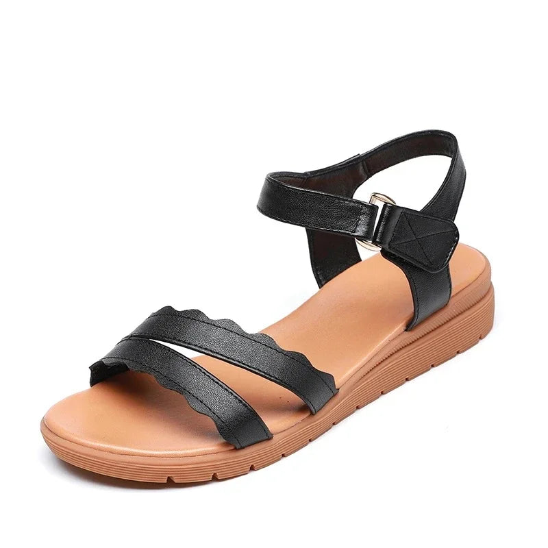2025 Summer Soft Cowhide Soft Sole Wear Flat Sandals Woman Shoe Large Size Comfort Elegant Women Leather Sandals Casual