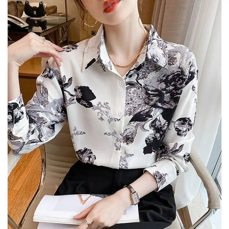 Spring Autumn New Fashion Polo Collar Long Sleeve Printed Blouse Casual Versatile Western Commuting Sweet Clothing Women Shirts