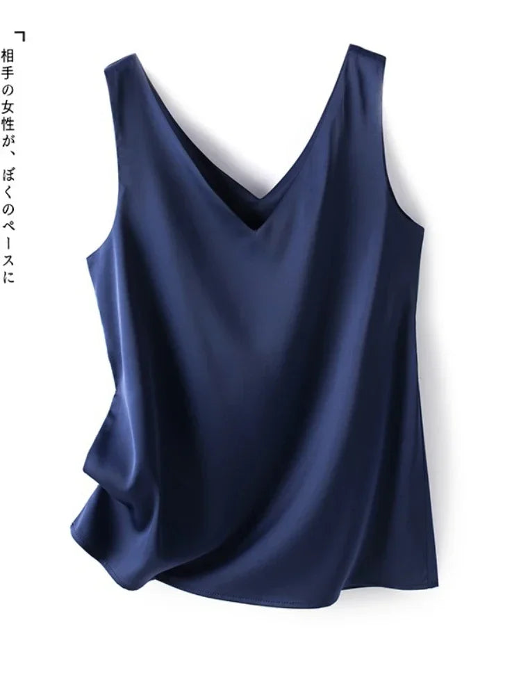 Woman T-shirts Elegant SILK Satin Blouse Sleeveless Female Summer 2025 Casual Loose Tanks and Camis Solid Green Tops for Women