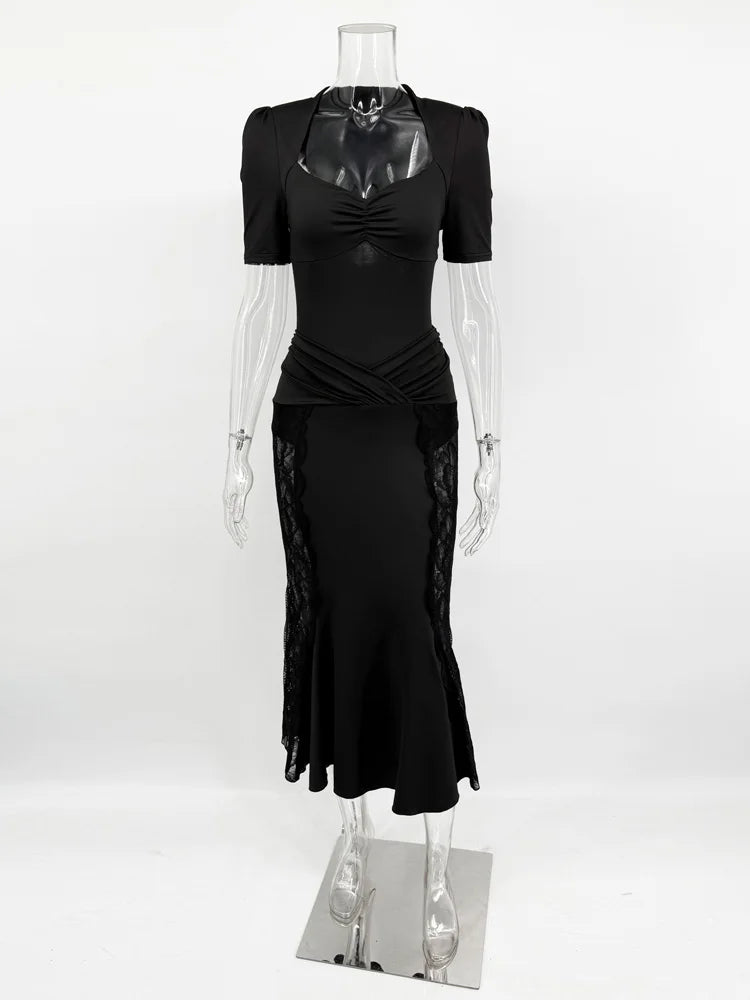 Tossy Sexy Lace 2 Piece-Set Long Skirt For Women Hollow Out Slim Cropped Top And High Waist Patchwork Long Skirt Outfits Female