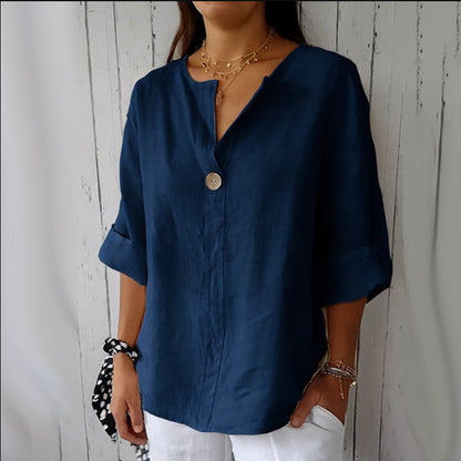 V-neck Long-sleeved T-shirt Fashion Loose Cotton And Linen Button Tops For Women