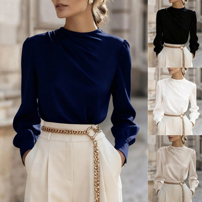 Women's Pleated Long Sleeve Blouse, Round Neck Business Casual Shirt, Dressy Fall 2025 Work Tops