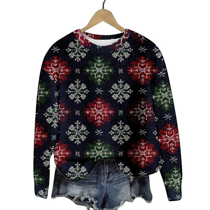 Christmas Cat Hat Snowflake Print Women's Round Neck Sweatshirt