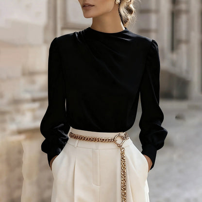 Women's Pleated Long Sleeve Blouse, Round Neck Business Casual Shirt, Dressy Fall 2025 Work Tops