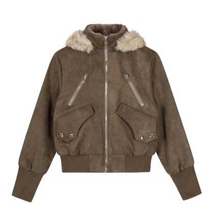 Retro Spicy Girl Slim-fit Stand-collar Hooded Jacket