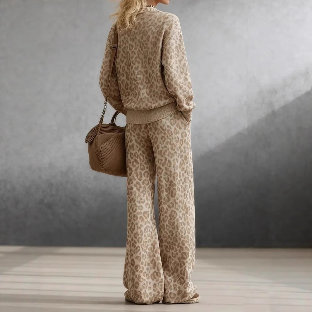 Women's Retro Casual Light Brown Leopard Print Long Sleeve Slim Fit Sweatsuit