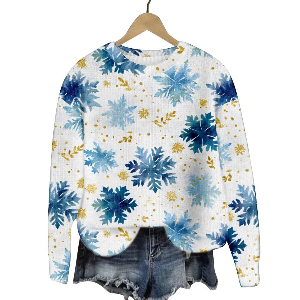 Christmas Cat Hat Snowflake Print Women's Round Neck Sweatshirt