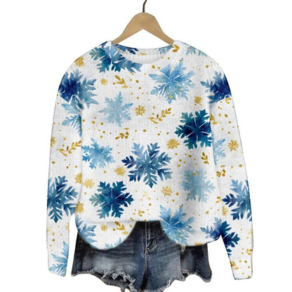 Christmas Cat Hat Snowflake Print Women's Round Neck Sweatshirt