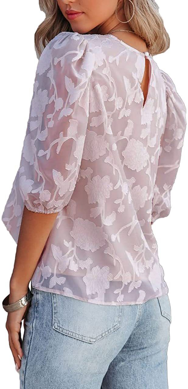 Women's Puff Sleeve Chiffon Loose Top Flower Texture Shirt