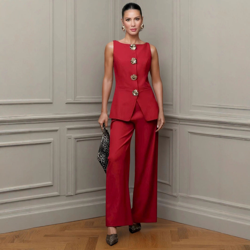 Women's Fashion Golden Button Vest Pants Casual Suit