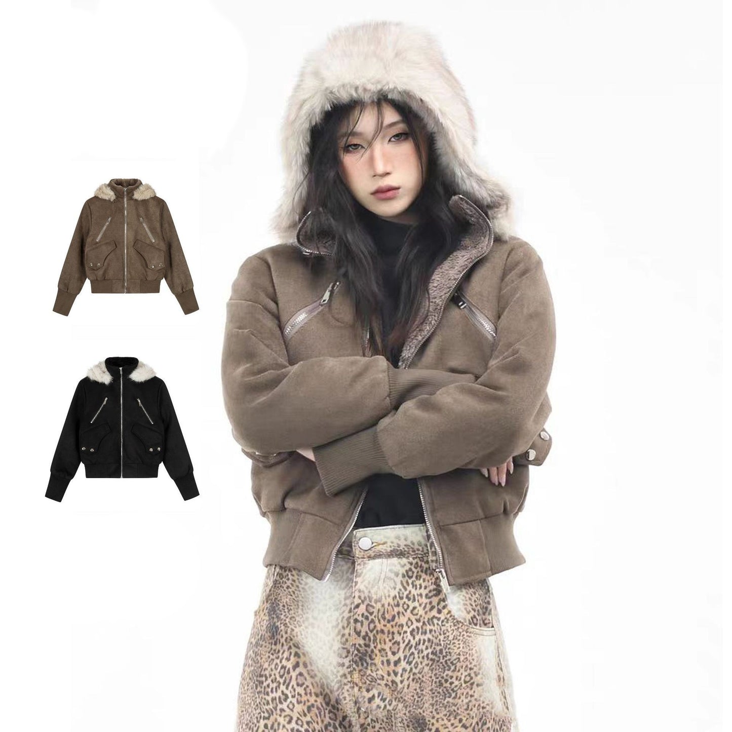 Retro Spicy Girl Slim-fit Stand-collar Hooded Jacket