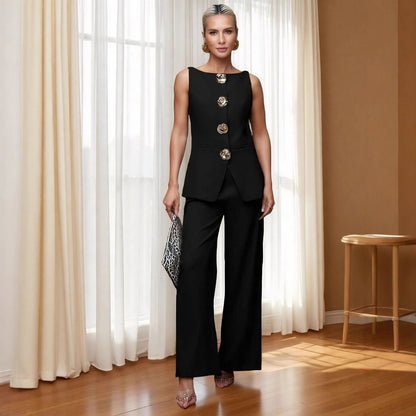 Women's Fashion Golden Button Vest Pants Casual Suit