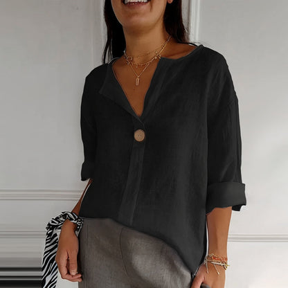 V-neck Long-sleeved T-shirt Fashion Loose Cotton And Linen Button Tops For Women