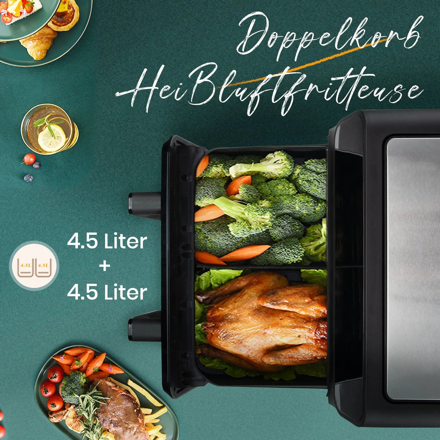 9L Dual Basket Hot Air Fryer Oilless Cooker with LED Touch Control,Visible Window,10-In-1 Multifunction,Family Smart Oven Size