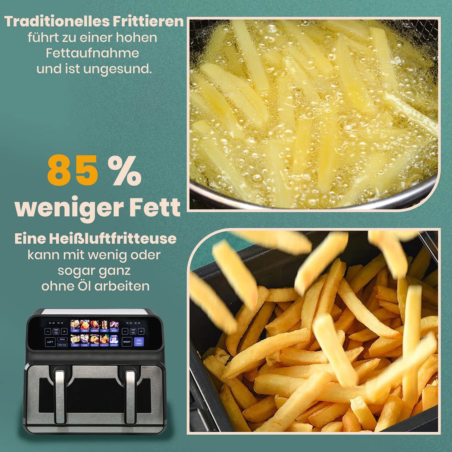 9L Dual Basket Hot Air Fryer Oilless Cooker with LED Touch Control,Visible Window,10-In-1 Multifunction,Family Smart Oven Size