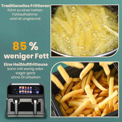 9L Dual Basket Hot Air Fryer Oilless Cooker with LED Touch Control,Visible Window,10-In-1 Multifunction,Family Smart Oven Size