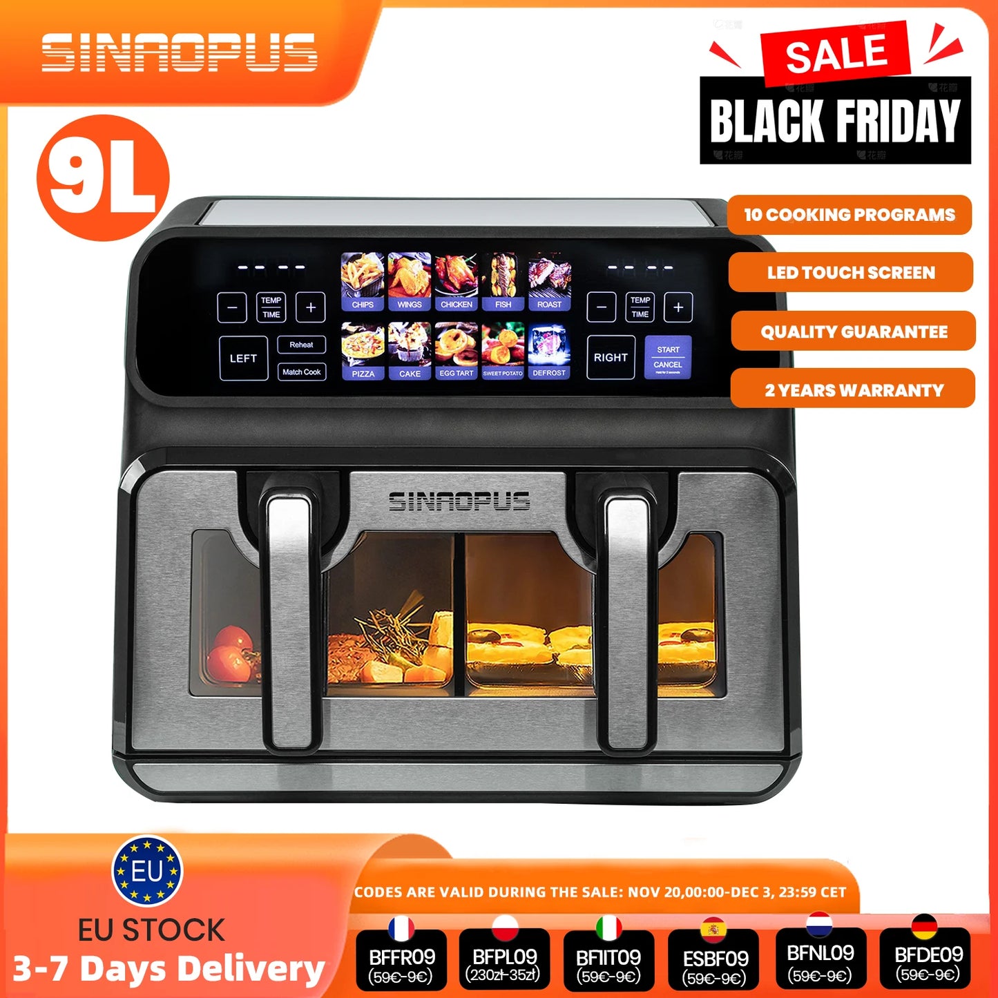 9L Dual Basket Hot Air Fryer Oilless Cooker with LED Touch Control,Visible Window,10-In-1 Multifunction,Family Smart Oven Size