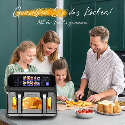9L Dual Basket Hot Air Fryer Oilless Cooker with LED Touch Control,Visible Window,10-In-1 Multifunction,Family Smart Oven Size