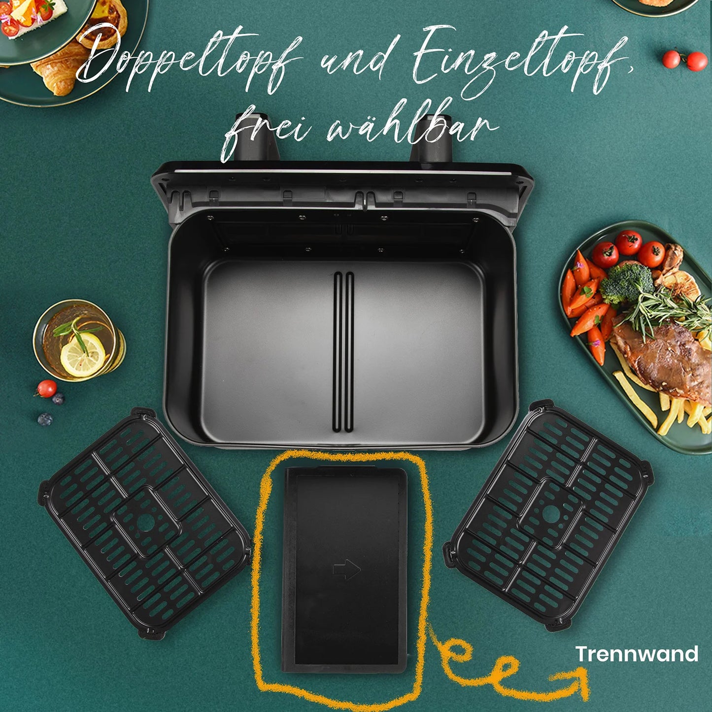 9L Dual Basket Hot Air Fryer Oilless Cooker with LED Touch Control,Visible Window,10-In-1 Multifunction,Family Smart Oven Size