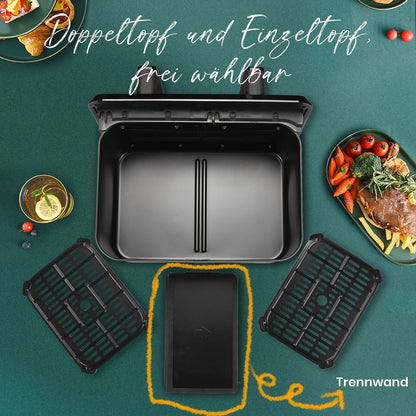 9L Dual Basket Hot Air Fryer Oilless Cooker with LED Touch Control,Visible Window,10-In-1 Multifunction,Family Smart Oven Size