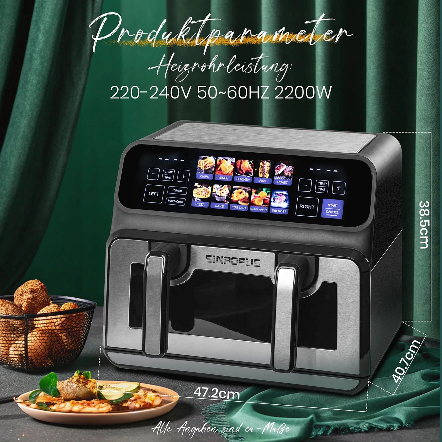 9L Dual Basket Hot Air Fryer Oilless Cooker with LED Touch Control,Visible Window,10-In-1 Multifunction,Family Smart Oven Size