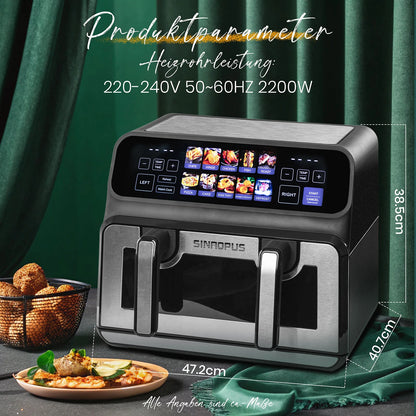 9L Dual Basket Hot Air Fryer Oilless Cooker with LED Touch Control,Visible Window,10-In-1 Multifunction,Family Smart Oven Size