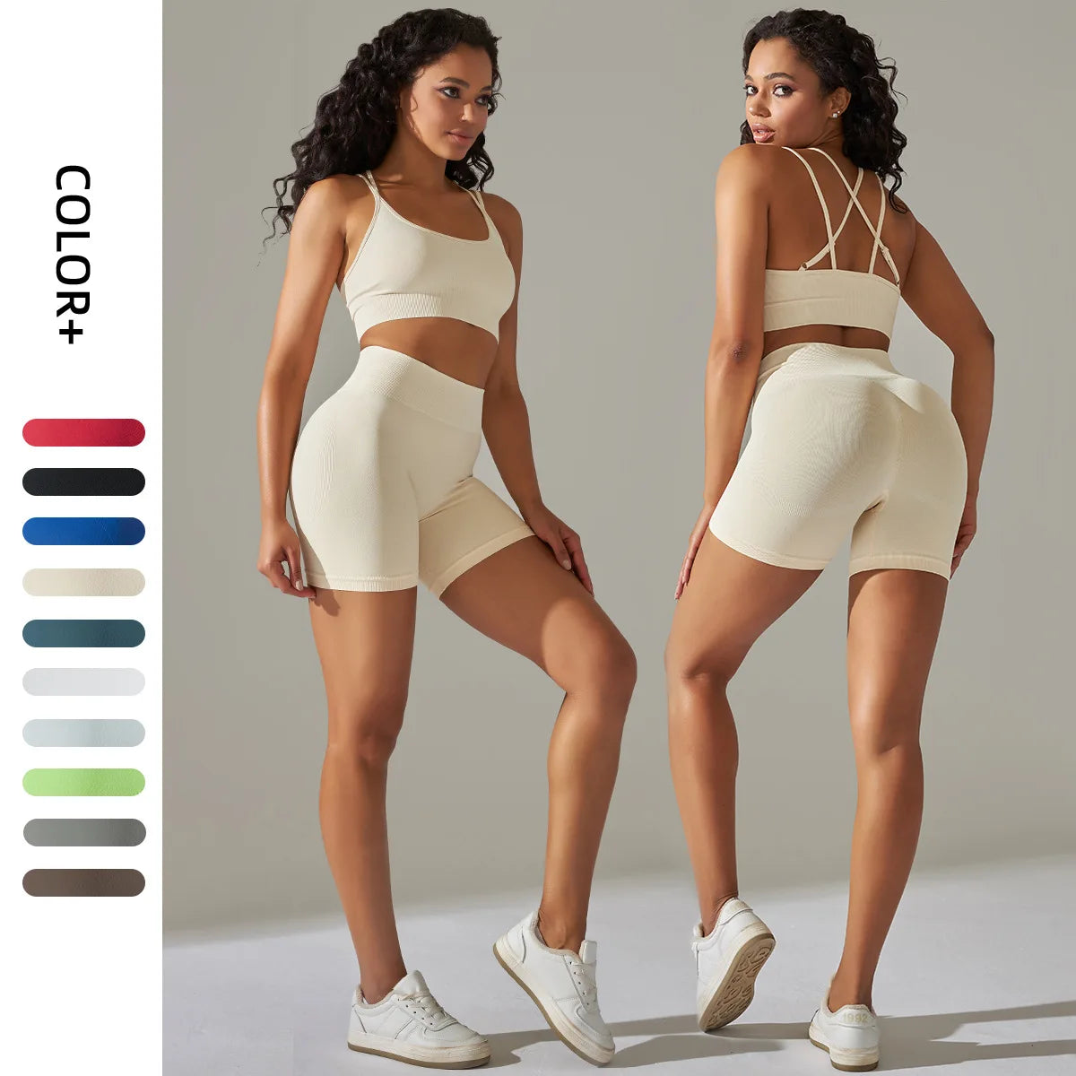 High Waist Workout Butt Lifting Shorts Set Sports Fitness Yoga Active Wear Women Sports Bra Cross Back Beauty Back Crop Top