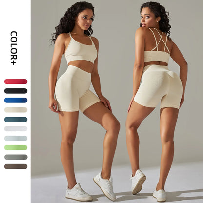 High Waist Workout Butt Lifting Shorts Set Sports Fitness Yoga Active Wear Women Sports Bra Cross Back Beauty Back Crop Top