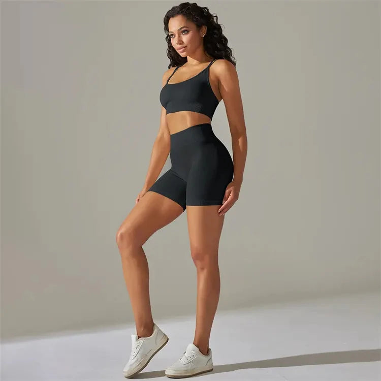 High Waist Workout Butt Lifting Shorts Set Sports Fitness Yoga Active Wear Women Sports Bra Cross Back Beauty Back Crop Top