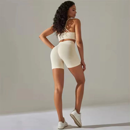 High Waist Workout Butt Lifting Shorts Set Sports Fitness Yoga Active Wear Women Sports Bra Cross Back Beauty Back Crop Top