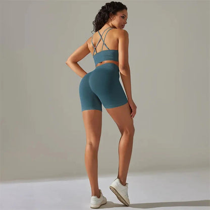 High Waist Workout Butt Lifting Shorts Set Sports Fitness Yoga Active Wear Women Sports Bra Cross Back Beauty Back Crop Top