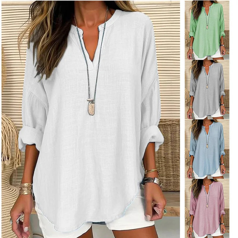 S-5XL Spring Plus Size Women Blouses White V-neck Long Sleeve Loose Shirt Female Spring Elegant Casual Trendy Ladies Clothes
