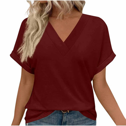 Y Spring and summer new cotton women's loose oversized V-neck solid color short sleeved T-shirt  T885