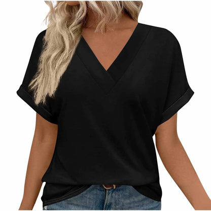 Y Spring and summer new cotton women's loose oversized V-neck solid color short sleeved T-shirt  T885