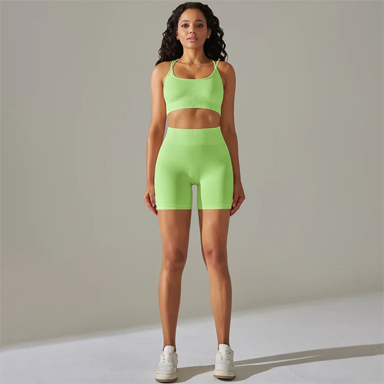 High Waist Workout Butt Lifting Shorts Set Sports Fitness Yoga Active Wear Women Sports Bra Cross Back Beauty Back Crop Top