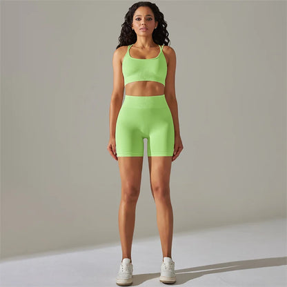 High Waist Workout Butt Lifting Shorts Set Sports Fitness Yoga Active Wear Women Sports Bra Cross Back Beauty Back Crop Top