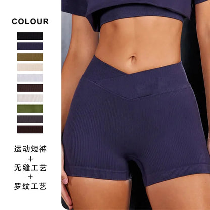 Custom Logo Yoga Gym Running Ribbed Shorts Cross Waist Breathable Women Sexy Club Printed Spandex Yoga Shorts Clothing Shorts