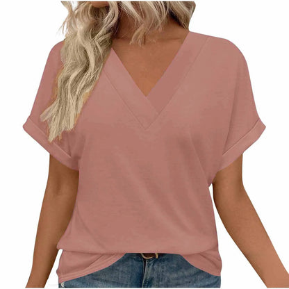 Y Spring and summer new cotton women's loose oversized V-neck solid color short sleeved T-shirt  T885