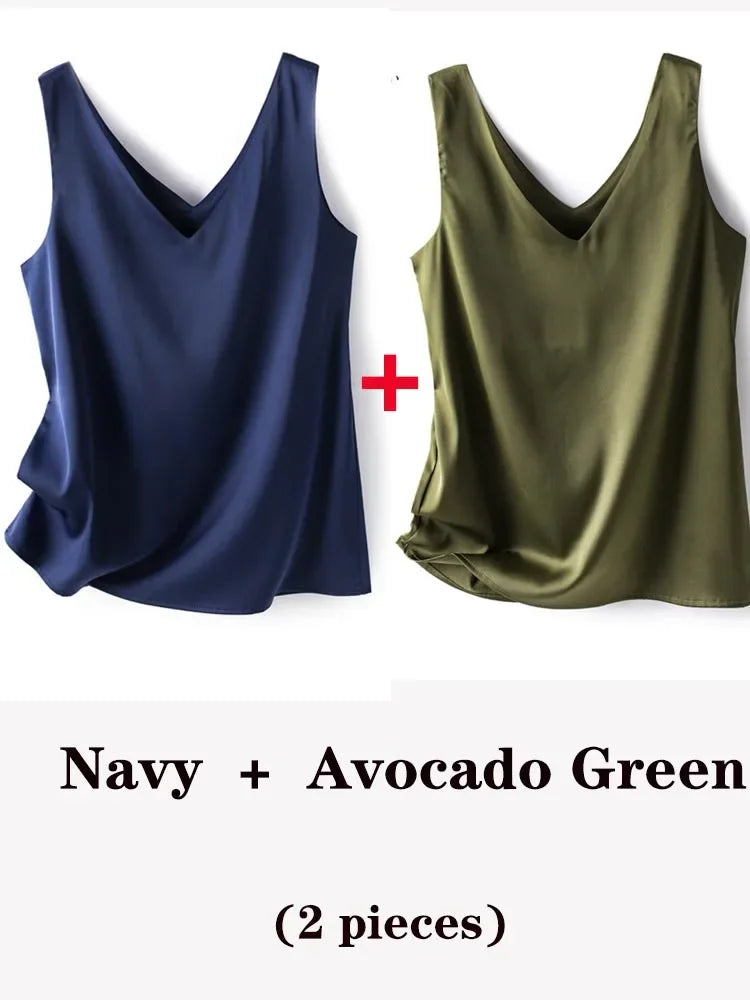 Woman T-shirts Elegant SILK Satin Blouse Sleeveless Female Summer 2025 Casual Loose Tanks and Camis Solid Green Tops for Women