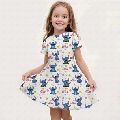 2025 Stitch Dress For Girls Children's Sleep Baby Summer Clothes StrayKids 3d Print Skirt Original Clothing Short-Sleeved Skirt