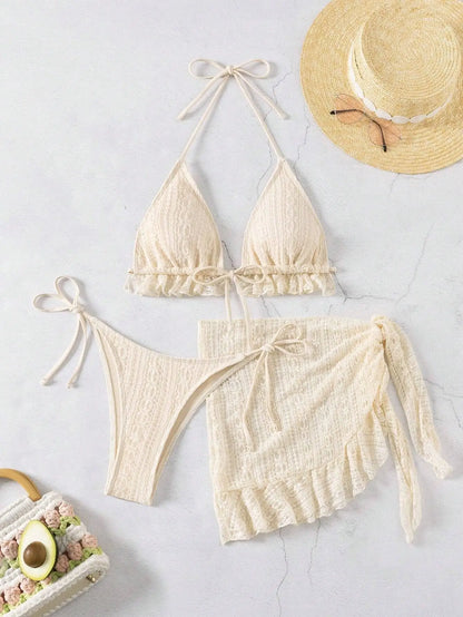 2025 New Sexy Three-piece Women's Swimsuit Tight Push-up Swimwear Summer Solid Bikini Set Brazilian Beachwear Party Bathing Suit