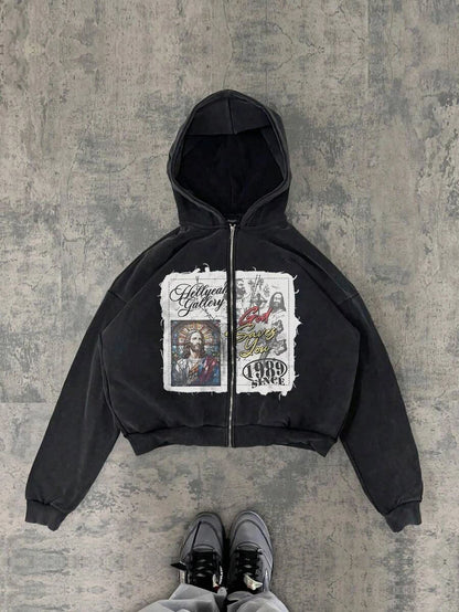 New Y2K American hip-hop retro monogrammed printed hoodie men clothing streetwear Harajuku jacket Gothic casual zip up hoodies