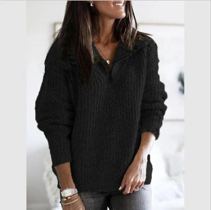 Autumn Women Turn Down Collar Zip Up Long Sleeve Knitted Pullover Sweater Coats NMD-950