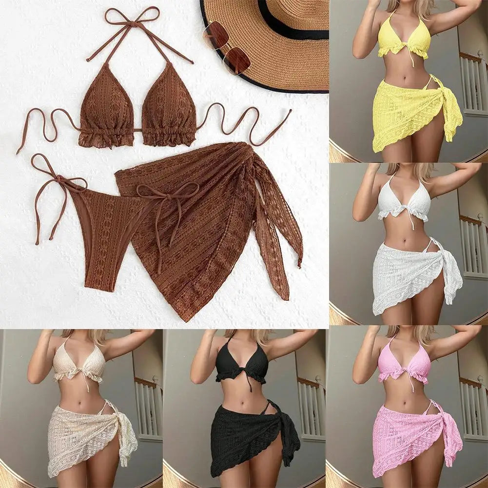 Hanging Neck Bikini Three Piece Swimsuit For Pool Party Brand New Condition Moderate Elasticity Polyester Fabric