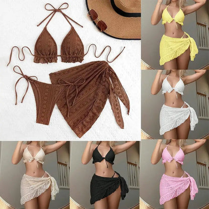 Hanging Neck Bikini Three Piece Swimsuit For Pool Party Brand New Condition Moderate Elasticity Polyester Fabric